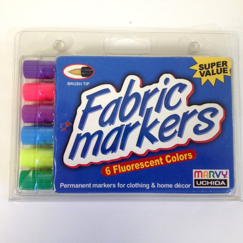 Fabric Markers Set of 6 Marvy Uchida 530-6C Brush Tip FLUORESCENT Color